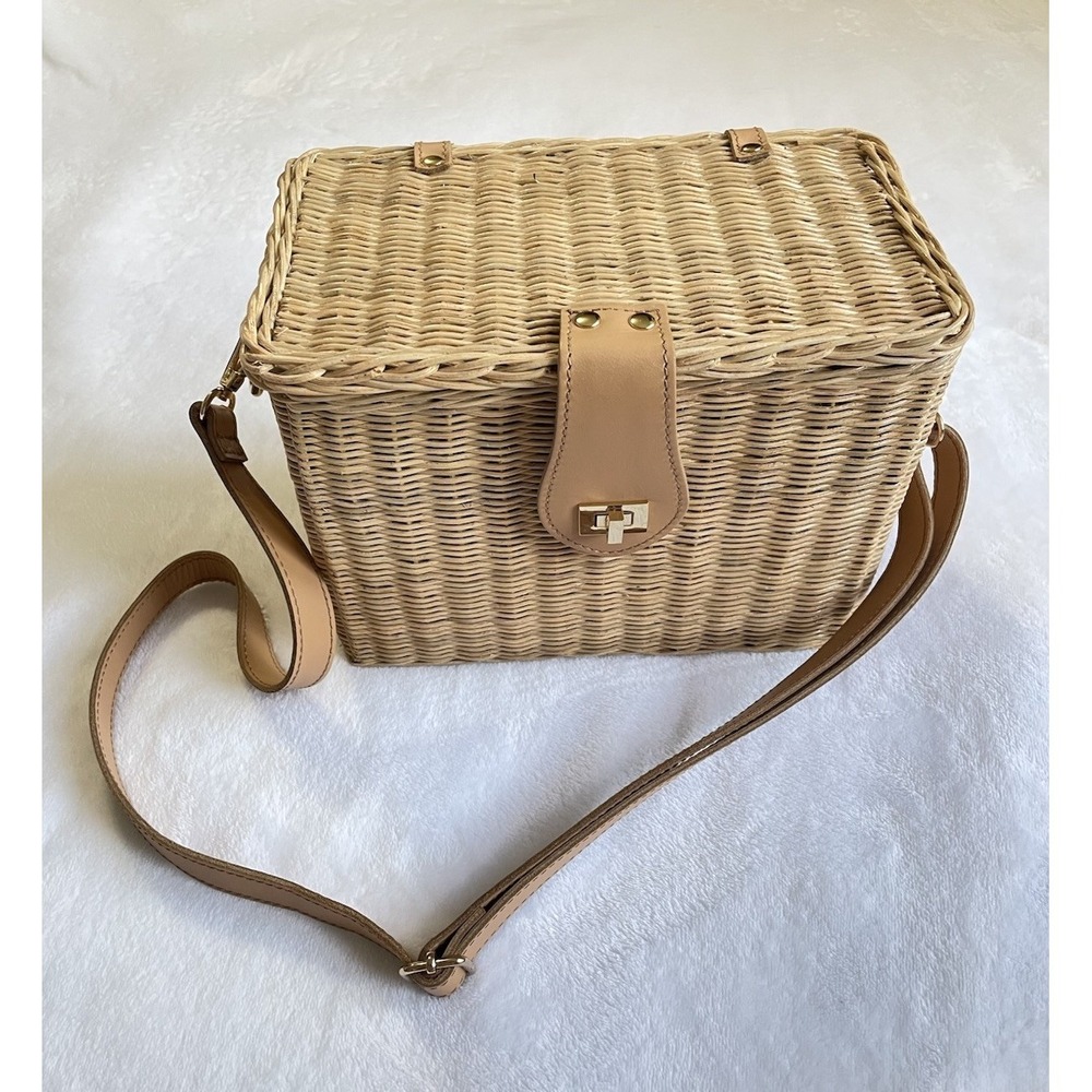 KAYU Mia leather-trimmed wicker shoulder bag Leather Straps Basket Bag Summer